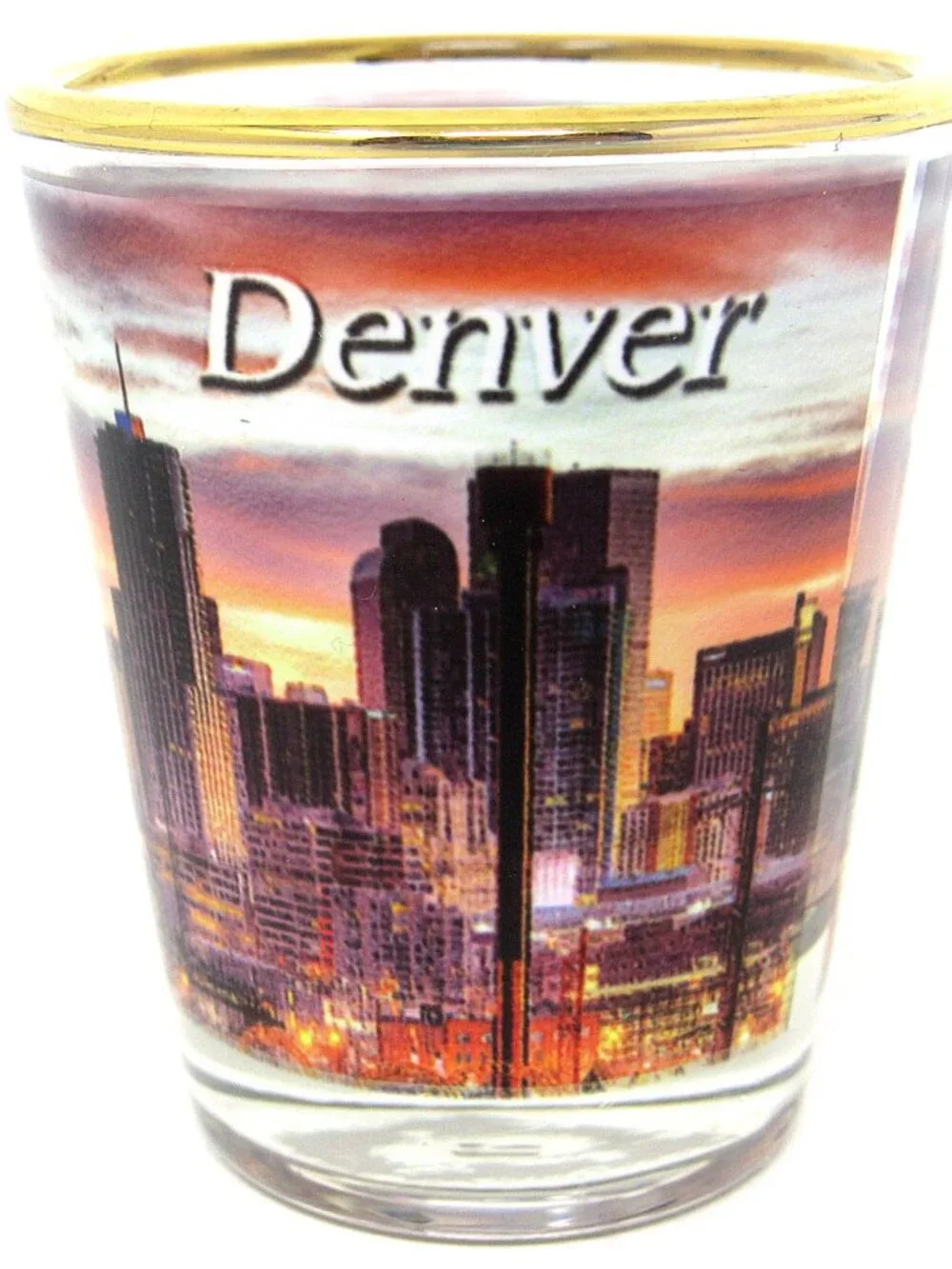 Share Denver Skyline Shot Glass at Sunset Colorado 2 oz Gold New